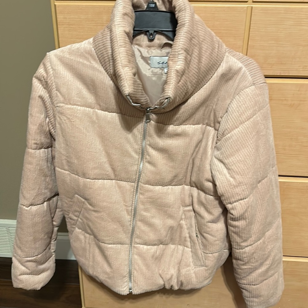 Light pink velvet/cord puffer jacket